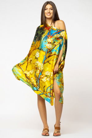 Rochie de plaja tip poncho din matase cu imprimeu inspirat din pictura moderna cu galben si albastru [1]