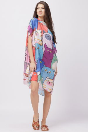 Rochii de Plajă tip Poncho - Rochie de plaja tip poncho din matase cu imprimeu pisici multicolore