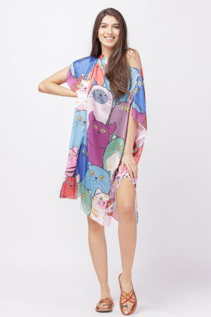 Rochie de plaja tip poncho din matase cu imprimeu pisici multicolore [1]