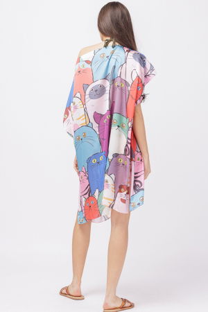 Rochie de plaja tip poncho din matase cu imprimeu pisici multicolore [2]