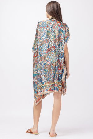 Rochie de plaja tip poncho din matase cu imprimeu paisley pe fond bej [2]