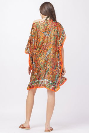 Rochie de plaja tip poncho din matase cu imprimeu paisley pe fond portocaliu [2]