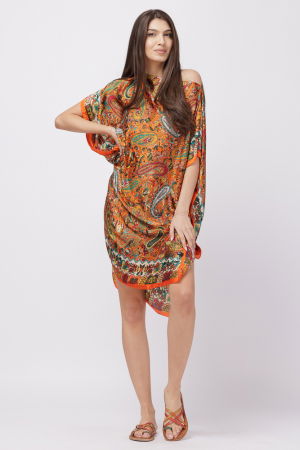 Rochie de plaja tip poncho din matase cu imprimeu paisley pe fond portocaliu [1]