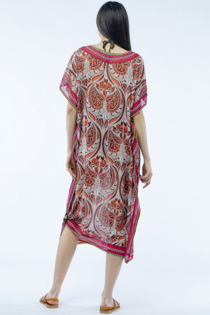 Rochie lunga de plaja tip poncho cu imprimeu floral pe fond bej [2]