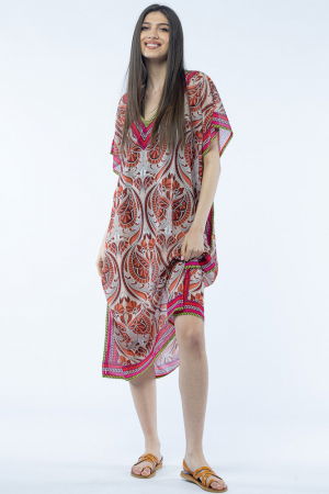 Rochii de Plajă tip Poncho - Rochie lunga de plaja tip poncho cu imprimeu floral pe fond bej