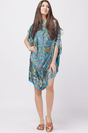 Rochie de plaja tip poncho din matase cu imprimeu paisley pe fond turcoaz [1]