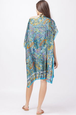 Rochie de plaja tip poncho din matase cu imprimeu paisley pe fond turcoaz [2]
