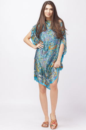 Rochii de Plajă tip Poncho - Rochie de plaja tip poncho din matase cu imprimeu paisley pe fond turcoaz