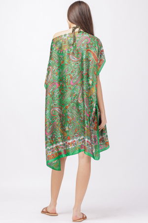 Rochie de plaja tip poncho din matase cu imprimeu paisley pe fond verde [2]