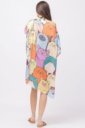 Rochie de plaja tip poncho din matase cu imprimeu pisici multicolore [5]