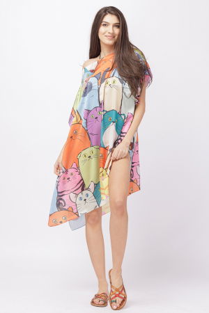 Rochie de plaja tip poncho din matase cu imprimeu pisici multicolore [3]