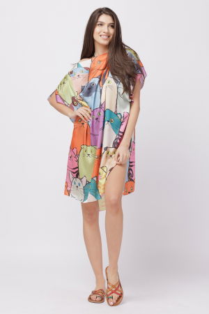 Rochie de plaja tip poncho din matase cu imprimeu pisici multicolore [4]