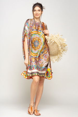 Rochii de Plajă tip Poncho - Rochie de plaja tip poncho din matase cu mandala centrala in chenar bej si caramiziu