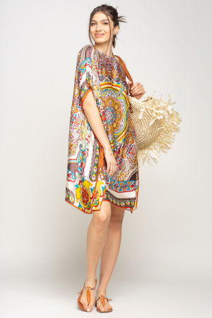 Rochie de plaja tip poncho din matase cu mandala centrala in chenar bej si caramiziu [1]