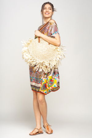 Rochie de plaja tip poncho din matase cu mandala centrala in chenar bej si caramiziu [2]