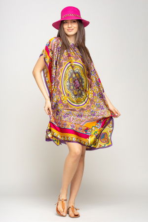 Rochii de Plajă tip Poncho - Rochie de plaja tip poncho din matase cu mandala centrala in chenar fucsia si mov