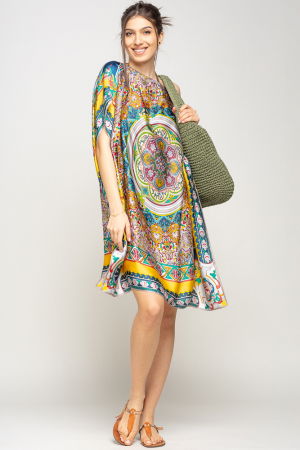 Rochii de Plajă tip Poncho - Rochie de plaja tip poncho din matase cu mandala centrala in chenar galben si gri