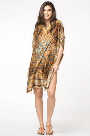 Rochii de Plajă tip Poncho - Rochie de plaja tip poncho din matase cu motive orientale pe fond bej