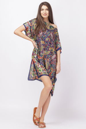 Rochii de Plajă tip Poncho - Rochie de plaja tip poncho din matase cu imprimeu paisley pe fond bleumarin