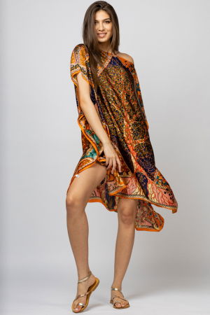 Rochii de Plajă tip Poncho - Rochie de plaja tip poncho din matase cu Pomul Vietii pe fond portocaliu