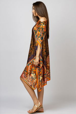 Rochie de plaja tip poncho din matase cu Pomul Vietii pe fond portocaliu [2]