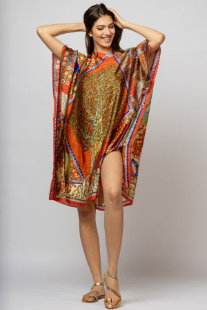 Rochii de Plajă tip Poncho - Rochie de plaja tip poncho din matase cu Pomul Vietii pe fond rosu corai