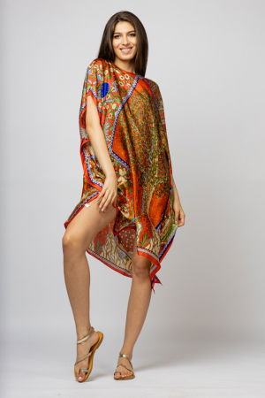 Rochie de plaja tip poncho din matase cu Pomul Vietii pe fond rosu corai [1]
