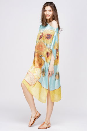 Rochie de plaja tip poncho din matase cu reproducere dupa '' Floarea Soarelui" de Van Gogh [2]
