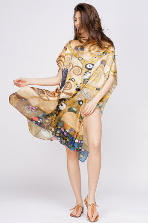 Rochie de plaja tip poncho din matase cu reproducere dupa " Pomul Vietii '' - Gustav Klimt [1]
