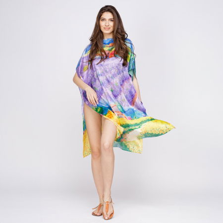 Rochii de Plajă tip Poncho - Rochie de plaja tip poncho din matase cu reproducere dupa o pictura cu campuri de lavanda