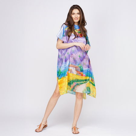 Rochie de plaja tip poncho din matase cu reproducere dupa o pictura cu campuri de lavanda [2]