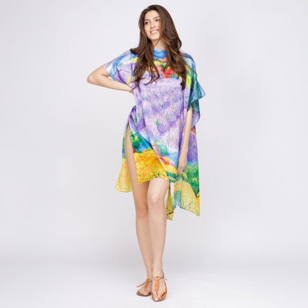 Rochie de plaja tip poncho din matase cu reproducere dupa o pictura cu campuri de lavanda [1]