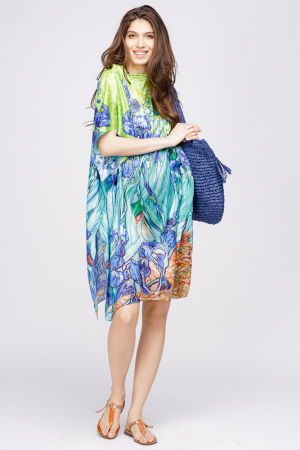 Rochii de Plajă tip Poncho - Rochie de plaja tip poncho din matase cu reproducere dupa " Irisi'' - de Van Gogh