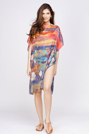 Rochii de Plajă tip Poncho - Rochie de plaja tip poncho din matase cu reproducere dupa o pictura celebra