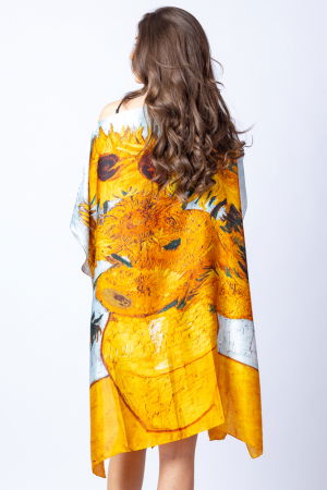Rochie de plaja tip poncho din matase cu stilizare "Floarea Soarelui" pe fond gri [2]