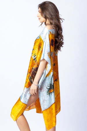 Rochie de plaja tip poncho din matase cu stilizare "Floarea Soarelui" pe fond gri [1]