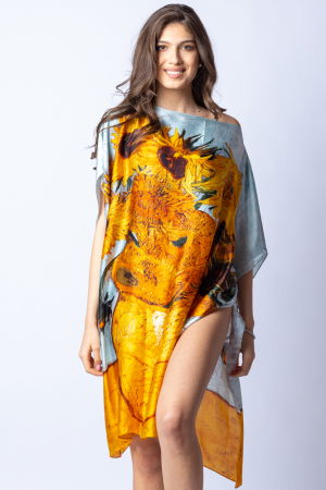 Rochie de plaja tip poncho din matase cu stilizare "Floarea Soarelui" pe fond gri [0]