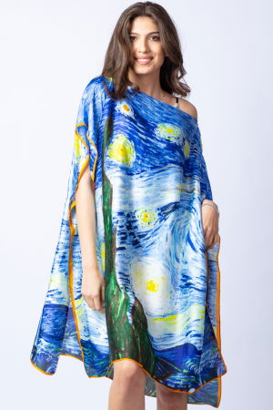 Rochii de Plajă tip Poncho - Rochie de plaja tip poncho din matase cu stilizare "Noaptea Instelata" pe fond albastru