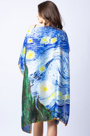 Rochie de plaja tip poncho din matase cu stilizare "Noaptea Instelata" pe fond albastru [2]