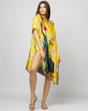Rochii de Plajă tip Poncho - Rochie de plaja tip poncho din matase cu stilizare "Noaptea Instelata" pe fond galben