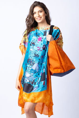 Rochii de Plajă tip Poncho - Rochie de plaja tip poncho din matase cu stilizare "Sarutul" turcoaz pe fond portocaliu