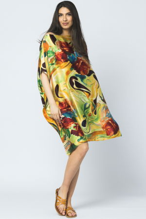 Rochii de Plajă tip Poncho - Rochie de plaja tip poncho din matase cu trandafiri pe fond galben