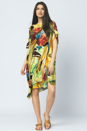 Rochie de plaja tip poncho din matase cu trandafiri pe fond galben [2]