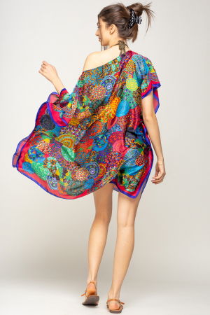 Rochie de plaja tip poncho din matase imprimat cu mandale multicolore cu albastru si bordo pe margine [2]
