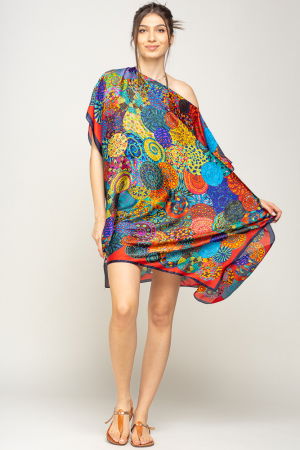 Rochii de Plajă tip Poncho - Rochie de plaja tip poncho din matase imprimat cu mandale multicolore cu rosu si bleumarin pe margine