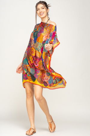 Rochie de plaja tip poncho din matase imprimat cu mandale multicolore cu rosu si galben pe margine [0]