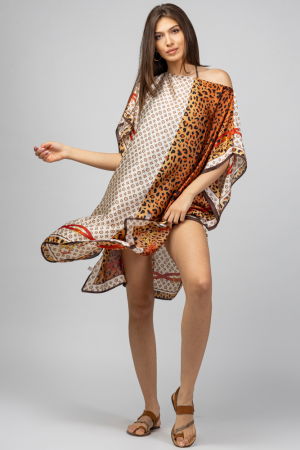 Rochie de plaja tip poncho din matase imprimat cu model animal print pe fond caramiziu [1]