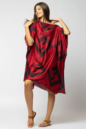 Rochii de Plajă tip Poncho - Rochie de plaja tip poncho din matase imprimat cu model geometric rosu si negru