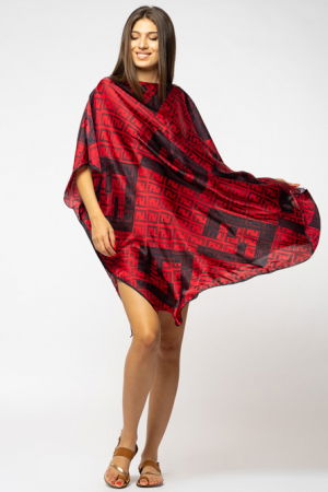 Rochie de plaja tip poncho din matase imprimat cu model geometric rosu si negru [2]