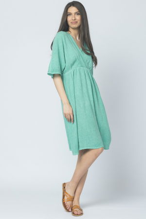 Rochii din In - Rochie de vara din in si bumbac, cu bust petrecut, verde